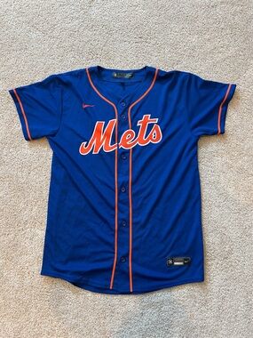 Nike Royal Blue Mets Button-Up Jersey with Orange Trim
